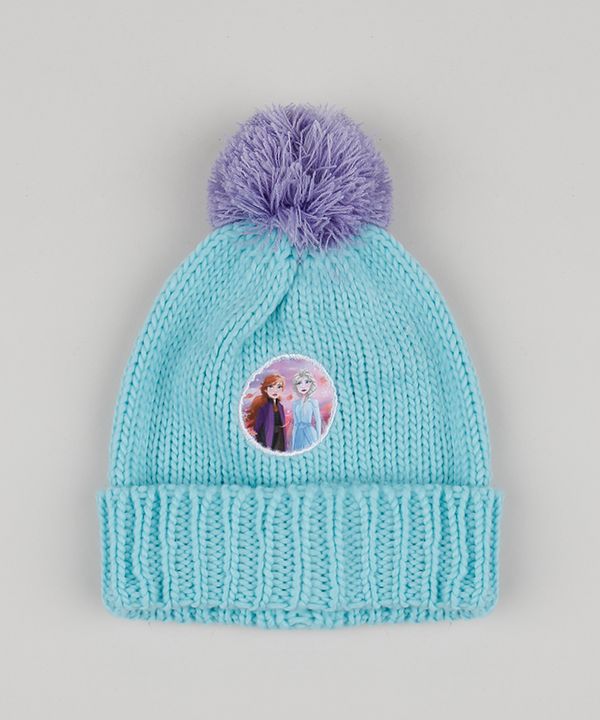 Gorro de Tricô Infantil Frozen com Pompom Azul Claro Único