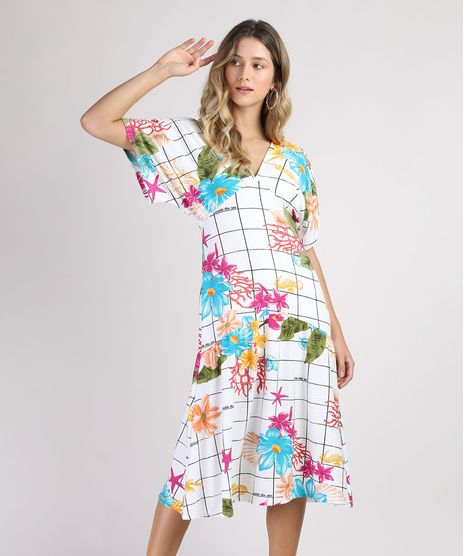 Vestido-Feminino-Midi-Estampado-Quadriculado-com-Flores-Manga-Curta-Branco-9952012-Branco_1