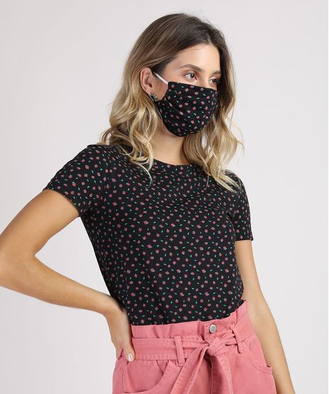 Kit-de-Blusa-Feminina-Estampada-Floral-Manga-Curta-Decote-Redondo---Mascara-de-Protecao-Individual-Preta-9950786-Preto_1