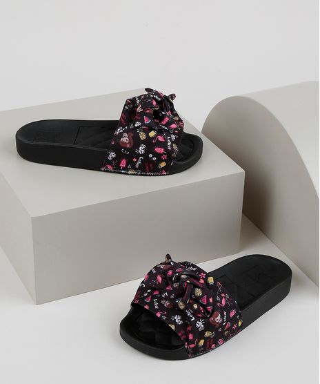 Chinelo-Slide-Infantil-Molekinha-Estampado-de-Flamingos-com-Laco-Preto-9952663-Preto_1