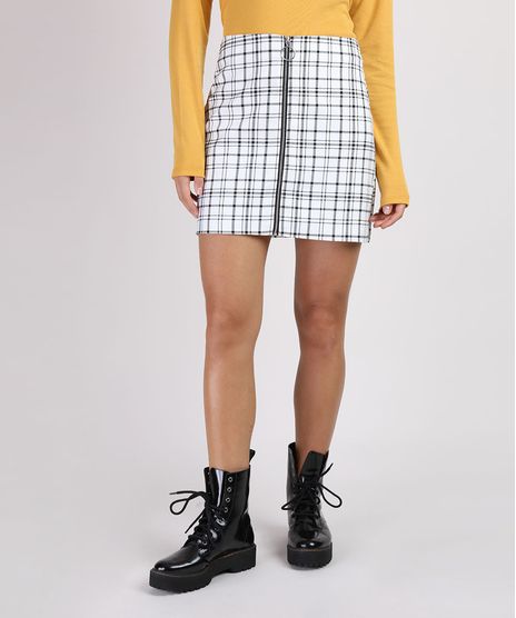 Saia-Feminina-Curta-Estampada-Xadrez-com-Ziper-de-Argola-Branca-9816994-Branco_1