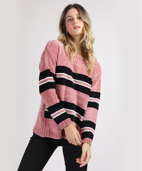 Sueter-de-Trico-Feminino-com-Listras-Decote-Redondo-Rosa-Escuro-9814954-Rosa_Escuro_1