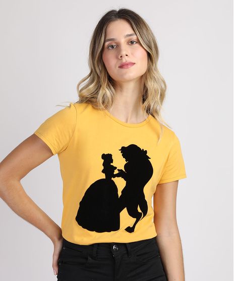 Blusa-Feminina-Casal-A-Bela-e-a-Fera--Manga-Curta-Decote-redondo-Mostarda-9947952-Mostarda_1