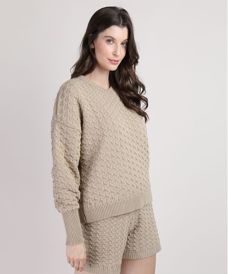 Sueter-de-Trico-Feminino-Mindset-Oversized-Texturizado-Decote-V-Bege-Escuro-9951160-Bege_Escuro_1