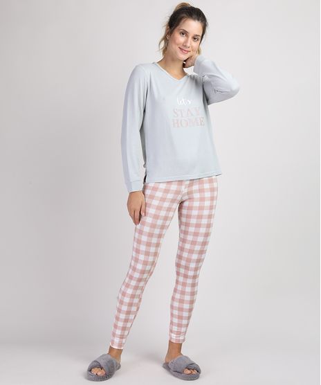 Pijama-Feminino--Let-s-Stay-Home--com-Estampa-Xadrez-Vichy-Mana-Longa-Cinza-9900223-Cinza_1