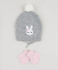 Kit-Infantil-de-Gorro-de-Trico-Coelha-Estampado-de--Coracoes-Cinza-Mescla---Luva-Rosa-Claro-9784982-Rosa_Claro_1