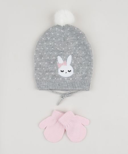 Kit-Infantil-de-Gorro-de-Trico-Coelha-Estampado-de--Coracoes-Cinza-Mescla---Luva-Rosa-Claro-9784982-Rosa_Claro_1