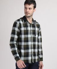 Camisa-de-Flanela-Masculina-Comfort-Estampada-Xadrez-com-Capuz-Removivel-Preta-9809547-Preto_1