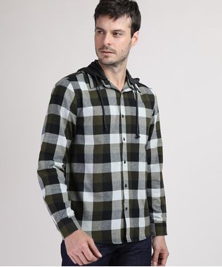 Camisa-de-Flanela-Masculina-Comfort-Estampada-Xadrez-com-Capuz-Removivel-Preta-9809547-Preto_1
