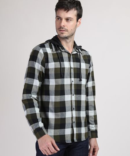 Camisa-de-Flanela-Masculina-Comfort-Estampada-Xadrez-com-Capuz-Removivel-Preta-9809547-Preto_1