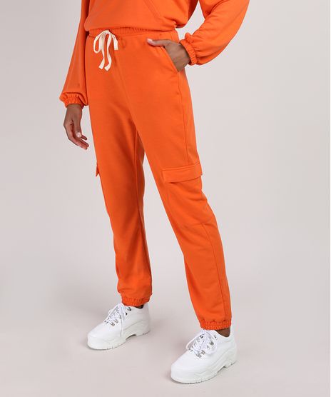 Calca-de-Moletom-Feminina-Cargo-Cintura-Media-Cos-com-Elastico-e-Cordao-Laranja-9946340-Laranja_1
