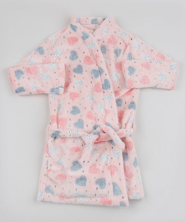 Roupão de Pelúcia Infantil Estampado de Corações com Faixa para Amarrar Rosa Claro 10