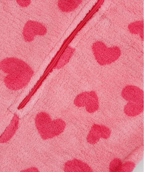 Pijama Macacao Infantil Em Fleece Estampado De Coracoes Rosa Cea