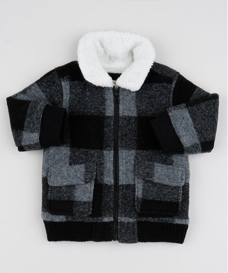 Jaqueta-Infantil-em-Fleece-Xadrez-com-Bolsos-Cinza-9846667-Cinza_1