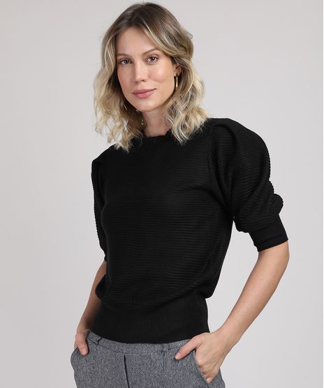 Sueter-Feminino-em-Trico-Leve-Texturizado-Manga-7-8-Bufante-Preto-9946657-Preto_1