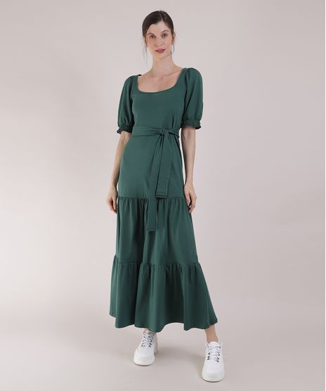Vestido-Feminino-Mindset-Longo-com-Recortes-e-Faixa-para-Amarrar-Manga-Bufante-Verde-Escuro-9916545-Verde_Escuro_1
