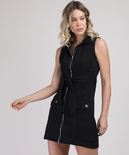 Vestido-de-Sarja-Feminino-Curto-com-Faixa-para-Amarrar-Sem-Manga-Preto-9946402-Preto_1