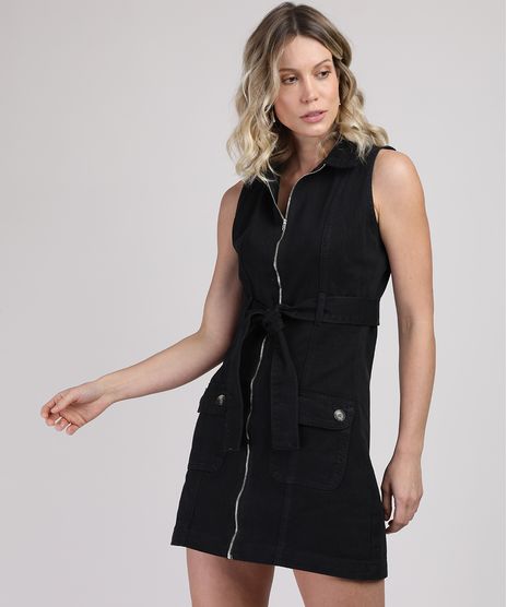 Vestido-de-Sarja-Feminino-Curto-com-Faixa-para-Amarrar-Sem-Manga-Preto-9946402-Preto_1