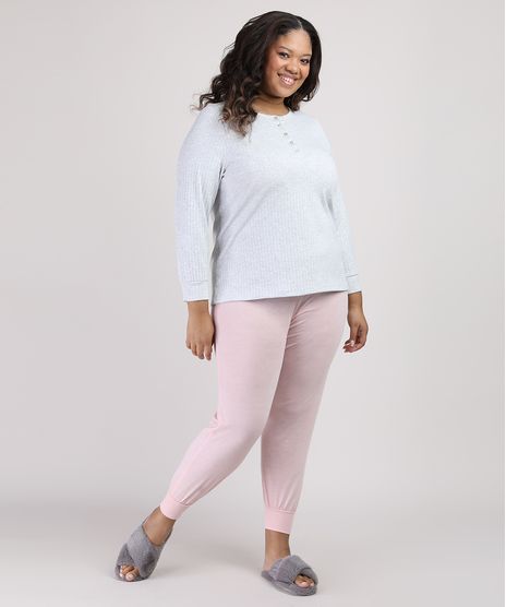 Pijama-Feminino-Plus-Size-Canelado-com-Botoes-Manga-Longa-Rosa-9953335-Rosa_1