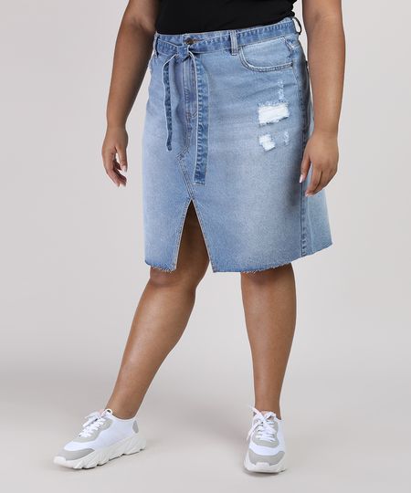 Saia-Jeans-Feminina-Plus-Size-com-Fenda-e-Faixa-para-Amarrar-Azul-Claro-9952782-Azul_Claro_1