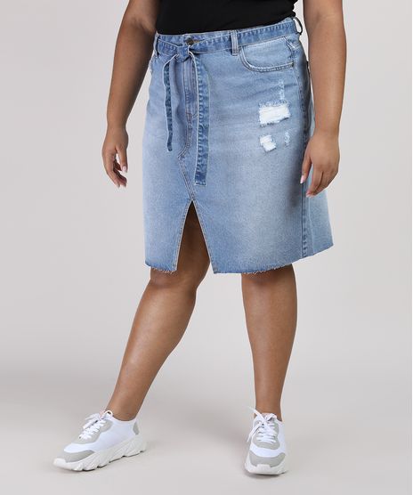 Saia-Jeans-Feminina-Plus-Size-com-Fenda-e-Faixa-para-Amarrar-Azul-Claro-9952782-Azul_Claro_1