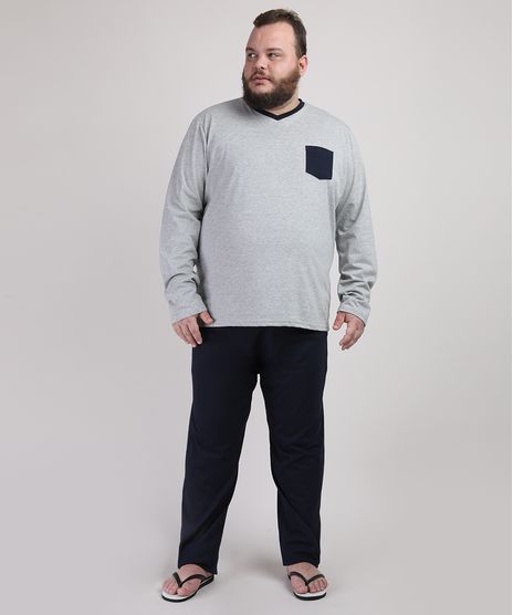 Pijama-Masculino-Plus-Size-com-Bolso-Manga-Longa-Cinza-Mescla-9951409-Cinza_Mescla_1