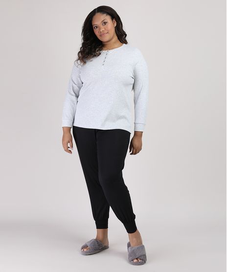 Pijama-Feminino-Plus-Size-Canelado-com-Botoes-Manga-Longa-Preto-9953335-Preto_1