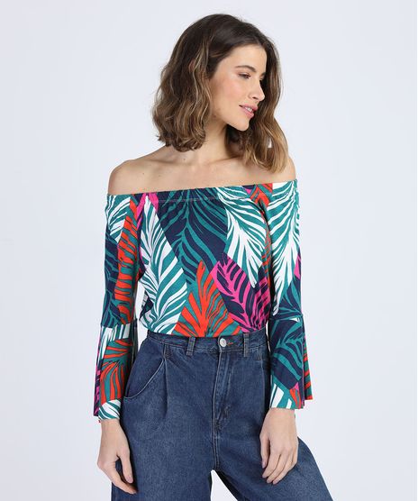 Blusa-Feminina-Ombro-a-Ombro-Estampada-de-Folhagem-Manga-Sino-Multicor-9943516-Multicor_1