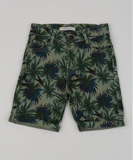 Bermuda-de-Sarja-Infantil-Estampada-de-Folhagem-com-Bolsos-Verde-Militar-9944380-Verde_Militar_1