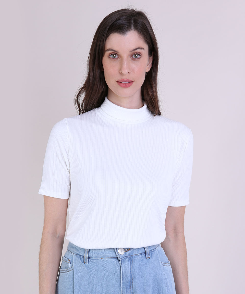 Blusa Feminina Mindset Canelada Manga Curta Gola Alta Off White