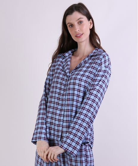 Camisa-de-Pijama-Feminina-Mindset-Estampada-Xadrez-Manga-Longa-Azul-9953712-Azul_1