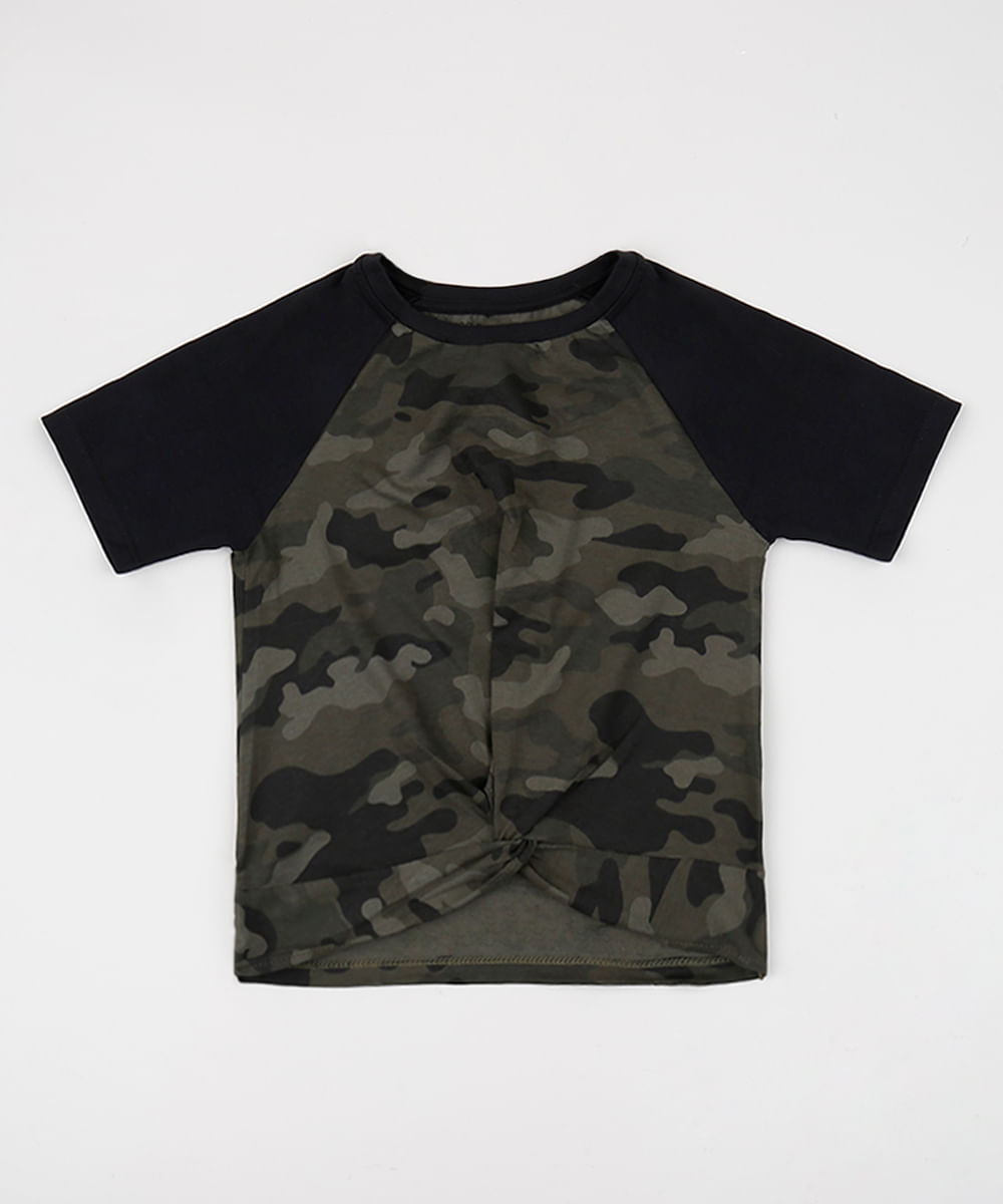 Blusa Juvenil Estampada Camuflada com Nó Manga Curta Verde Militar