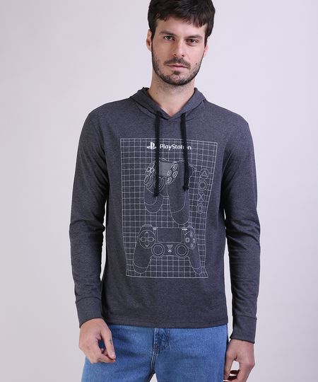 Camiseta-Masculina-Playstation-com-Capuz-Manga-Longa-Cinza-Mescla-Escuro-9953262-Cinza_Mescla_Escuro_1