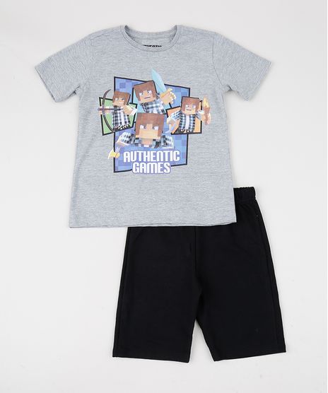 Conjunto-Infantil-de-Camiseta-Authentic-Games-Manga-Curta-Cinza-Mescla---Bermuda-em-Moletom-Preto-9945458-Preto_1