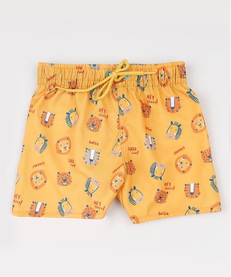 Bermuda-de-Surf-Infantil-Reta-Estampada-Bichos-com-Cordao-Amarela-9945772-Amarelo_1