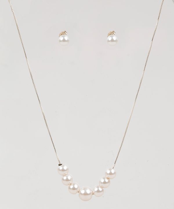 Kit de Brinco + Colar Feminino Folheados com Pérolas Dourado Único