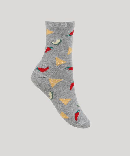 Meia-Feminina-Cano-Alto-Estampada-de-Nachos-e-Pimenta-Cinza-Mescla-9954828-Cinza_Mescla_1