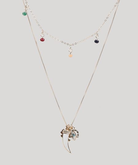 Colar-Feminino-Folheados-Duplo-com-Pingente-de-Micangas-Prateado-9943782-Prateado_1