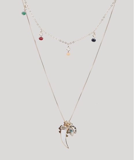 Colar-Feminino-Folheados-Duplo-com-Pingente-de-Micangas-Prateado-9943782-Prateado_1