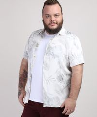 Camisa-Masculina-Plus-Size-Estampada-de-Folhas-Manga-Curta-Branca-9951370-Branco_1