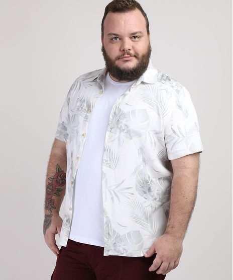Camisa-Masculina-Plus-Size-Estampada-de-Folhas-Manga-Curta-Branca-9951370-Branco_1