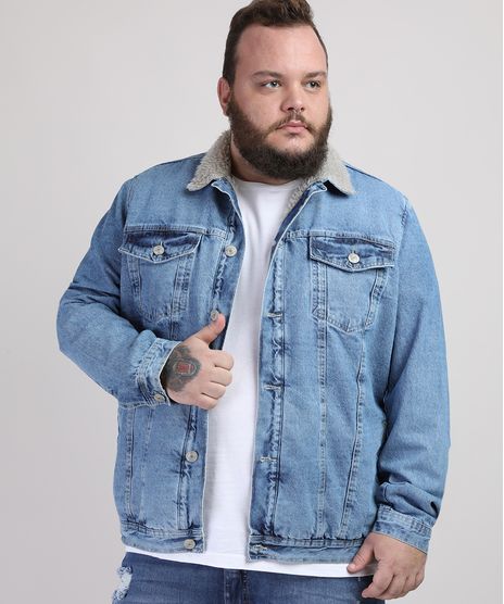 Jaqueta-Jeans-Masculina-Plus-Size-com-Bolso-e-Recorte-Gola-com-Pelo-Azul-Medio-9951373-Azul_Medio_1
