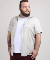 Camisa-Masculina-Plus-Size-Estampada-de-Folhas-Manga-Curta-Bege-Claro-9951371-Bege_Claro_1