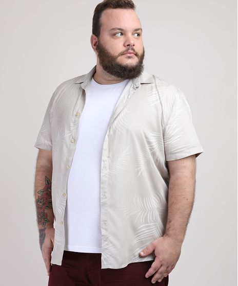 Camisa-Masculina-Plus-Size-Estampada-de-Folhas-Manga-Curta-Bege-Claro-9951371-Bege_Claro_1