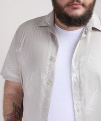 Camisa-Masculina-Plus-Size-Estampada-de-Folhas-Manga-Curta-Bege-Claro-9951371-Bege_Claro_4