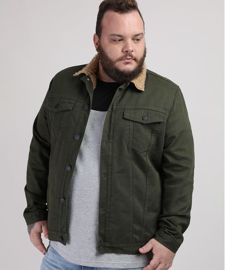 Jaqueta-de-Sarja-Masculina-Plus-Size-com-Bolso-e-Recorte-Gola-com-Pelo-Verde-Militar-9951372-Verde_Militar_1