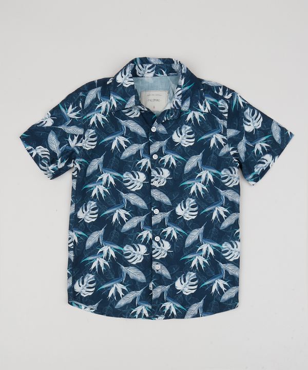 Camisa Infantil Estampada Floral Manga Curta Azul Marinho 12