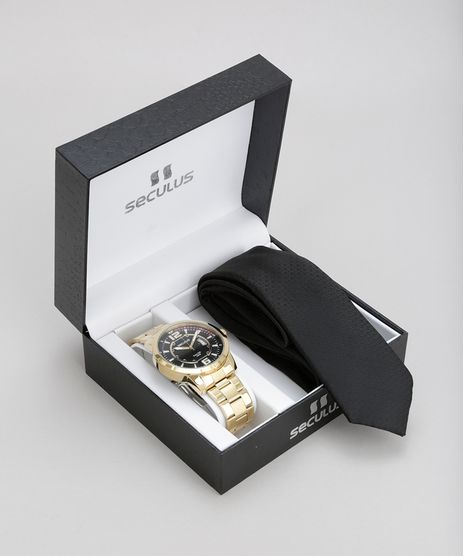 Kit-de-Relogio-Seculus-Masculino-Analogico---Gravata-em-Jacquard---28792GPSVDA2K-Dourado-8755497-Dourado_1