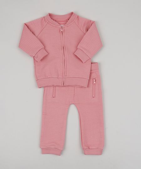 Conjunto Infantil de Blusão em Moletom Canelado + Calça Rosa - 9-12 Menor preço em Conjunto Infantil de Blusão em Moletom Canelado + Calça Rosa - 9-12