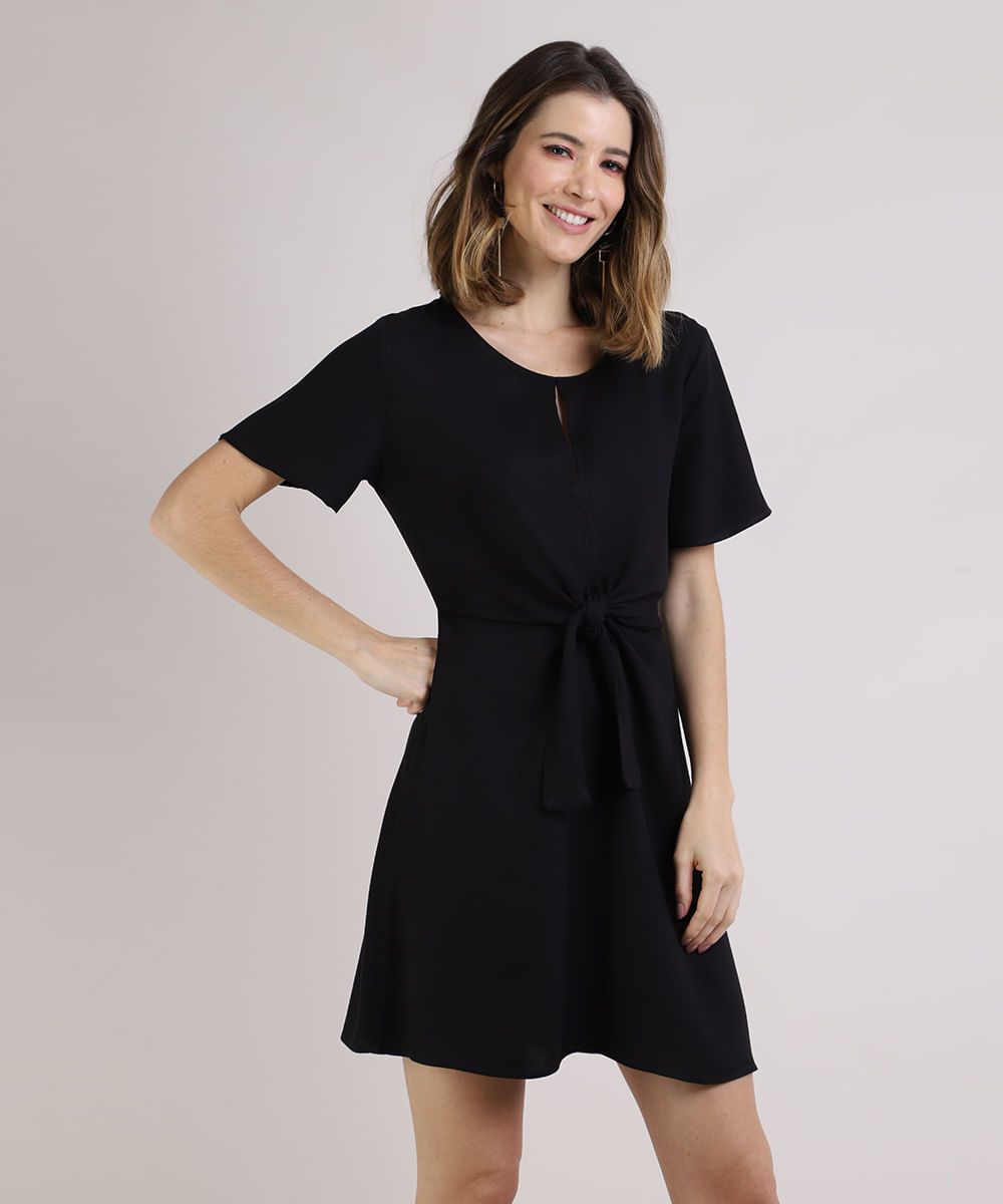 Vestido Feminino Curto com Nó Manga Curta Preto